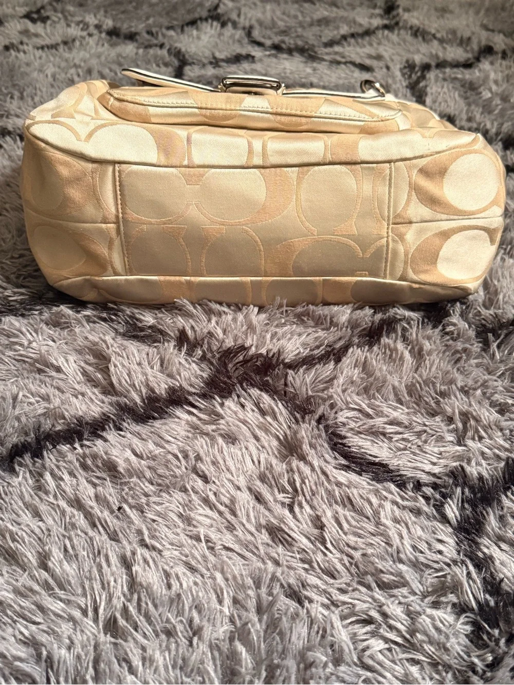 Coach Signature Beige Canvas Shoulder Bag with Cream Leather Trim